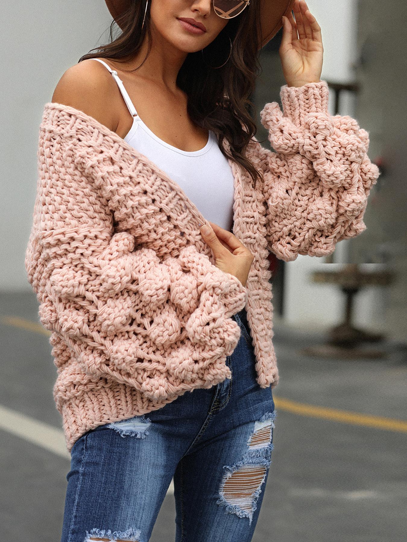 

Solid Open Front Long Lantern Sleeve Cardigan, Pink