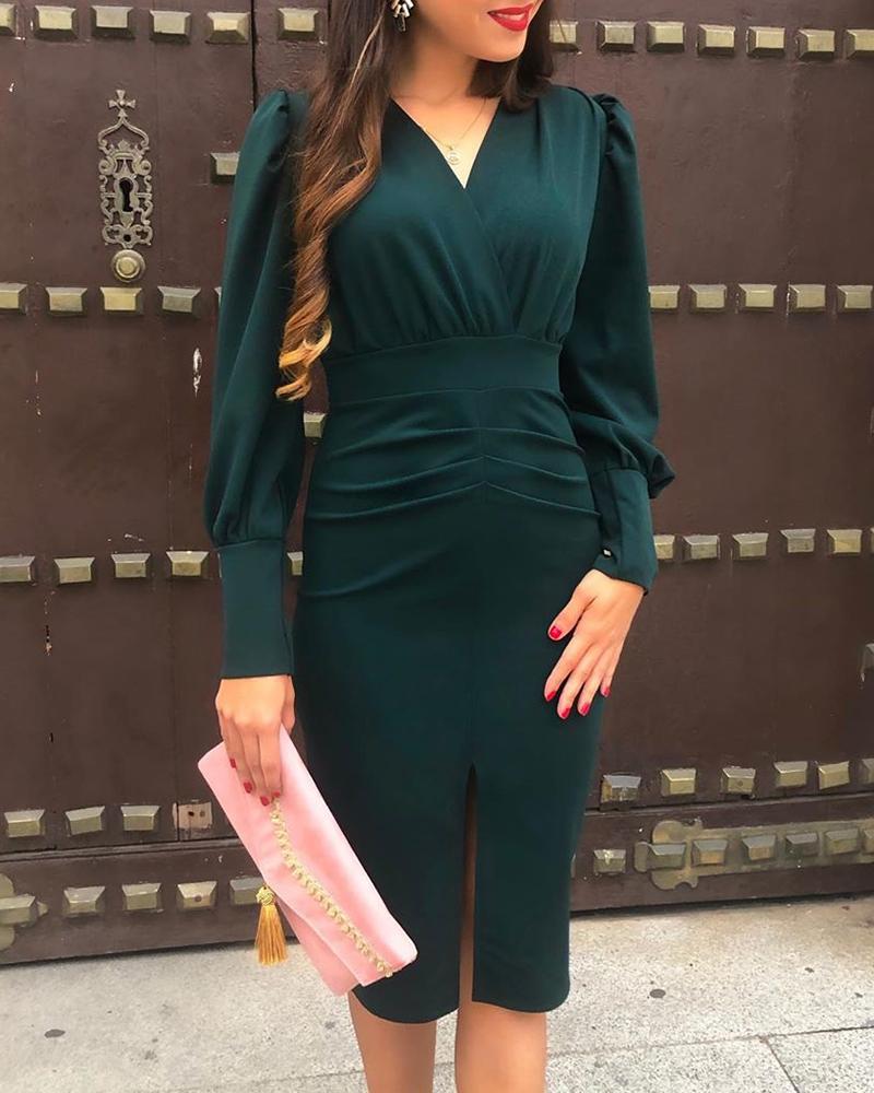 

Solid V-Neck Puff Sleeve Ruched Slit Bodycon Dress, Green