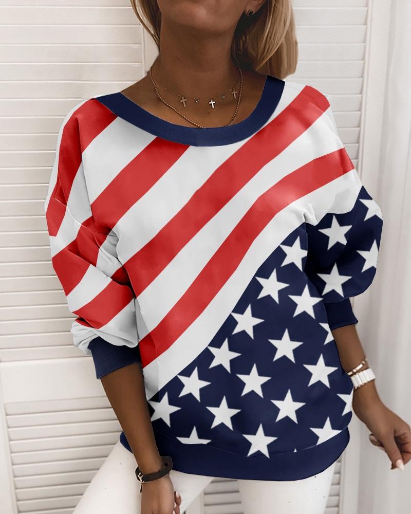 

Striped Stars Print Long Sleeve Casual Sweatshirt, White