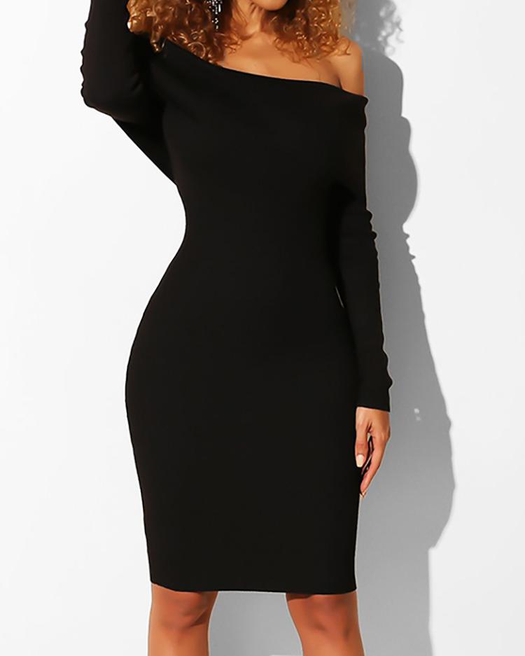 

Fold-Over Off Shoulder Bodycon Dress, Black