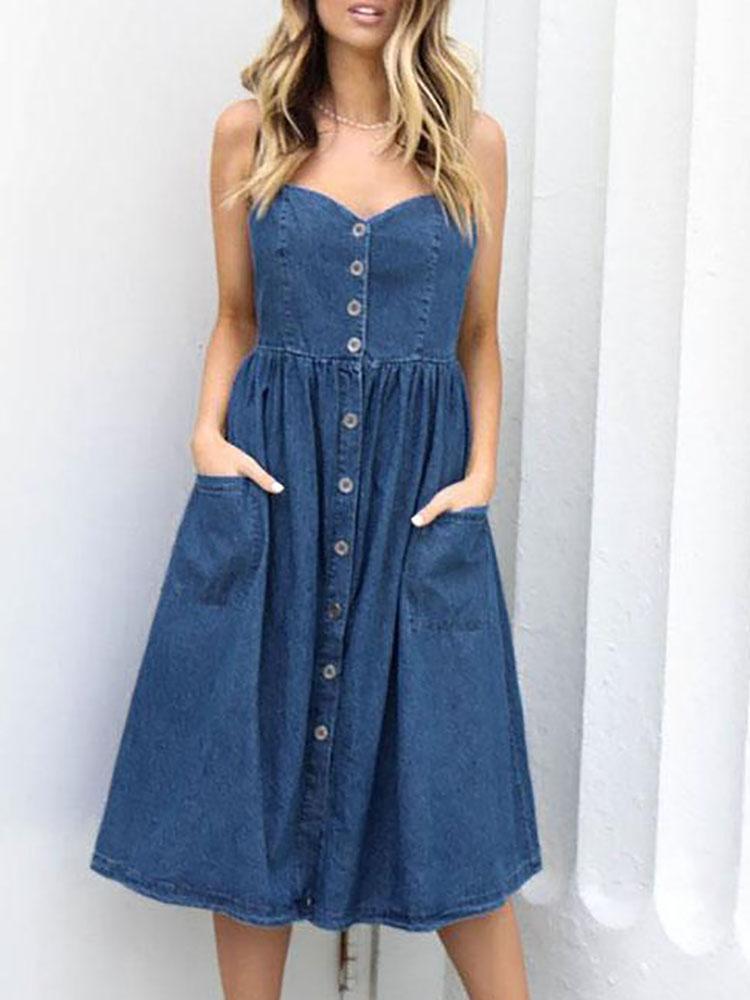 

Denim Button Design Pocket Design Dress
