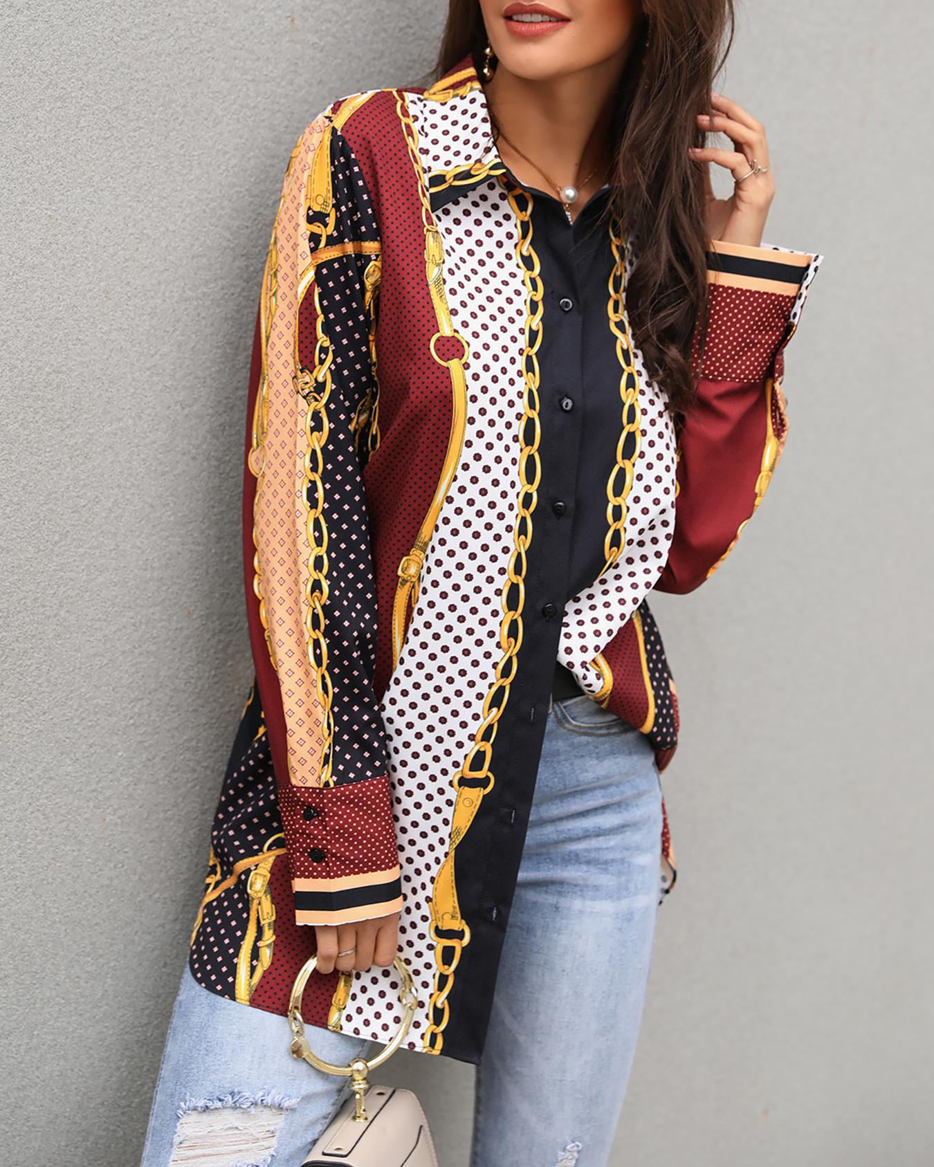 

Mixed Chains Print Button Up Blouse, Multicolor