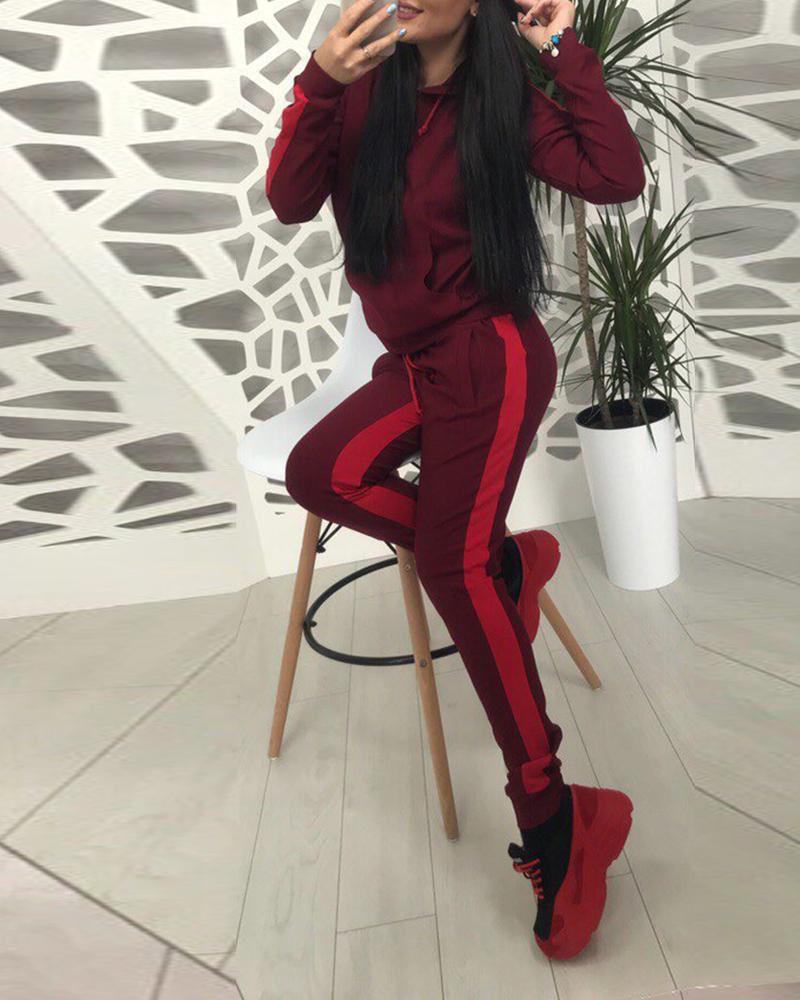 

Brief Colorblock Hoodies & Pants Sports Set, Wine red