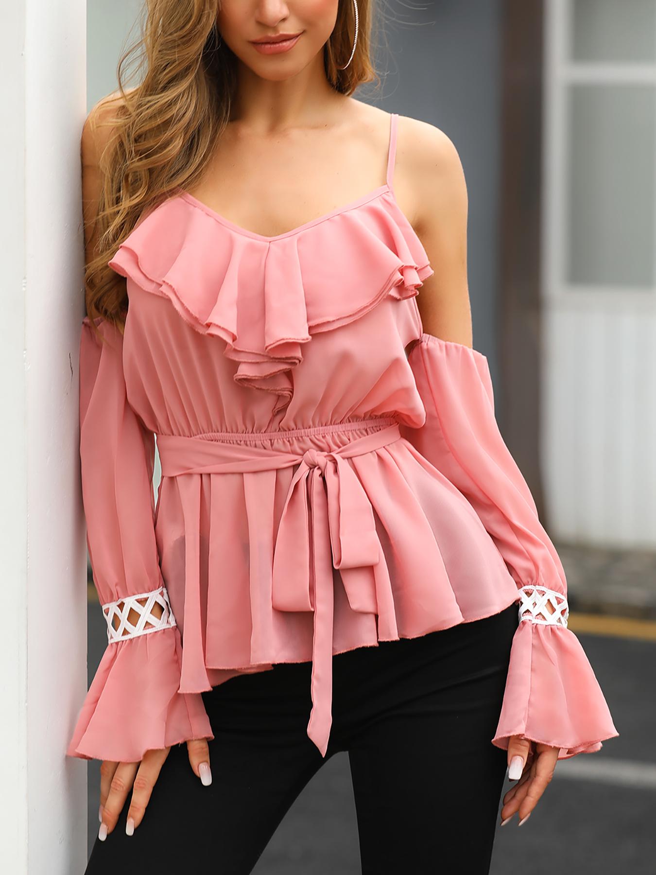 

Cold Shoulder Ruffles Design Blouse, Pink