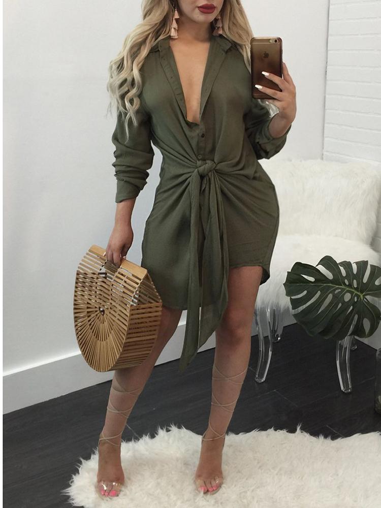 

Button Closure Knot Front Shirt Dress