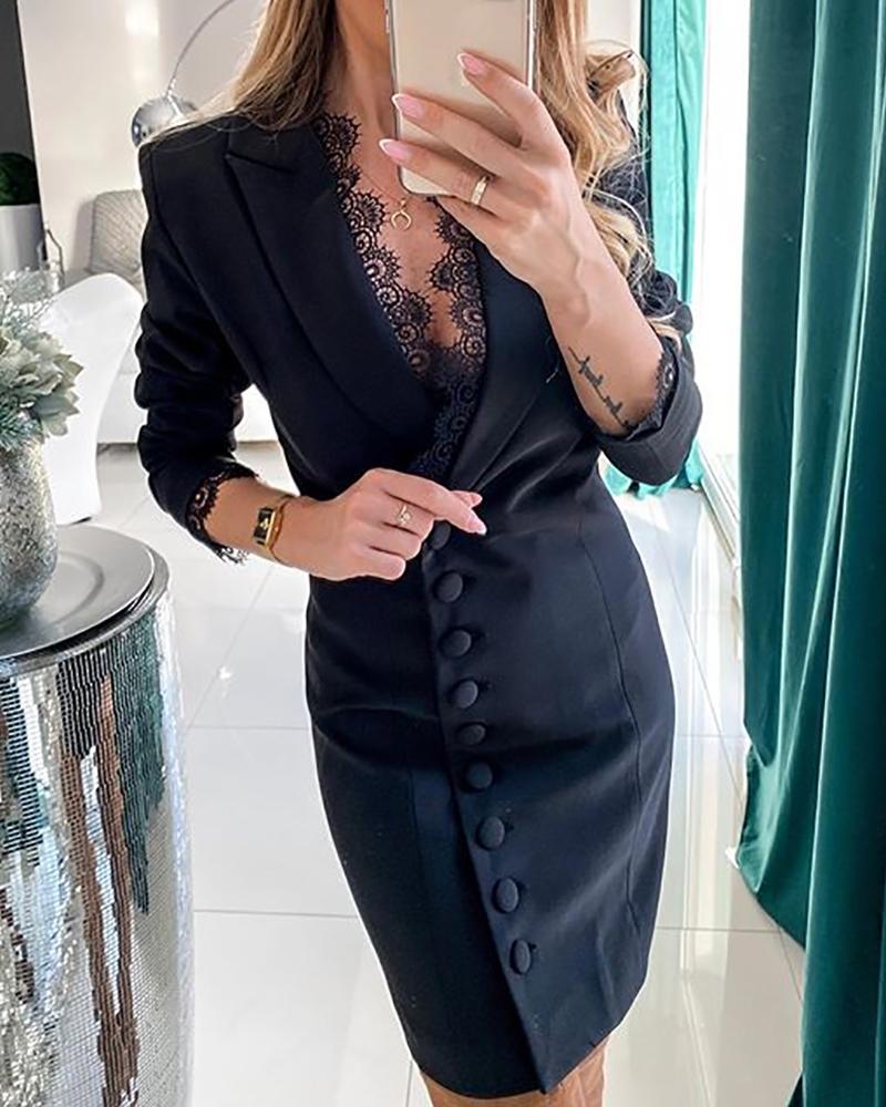

Mesh Eyelash Lace Buttoned Work Dress, Black