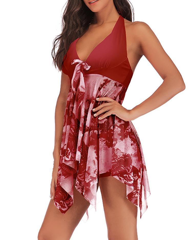 

Printed Halter Asymmetric Swimdress With Panty