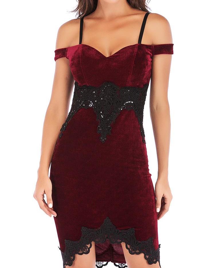 

Crochet Lace Detail Cold Shoulder Bodycon Dress, Wine red