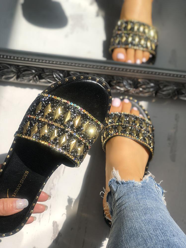 

Shiny Sequins Rivets Embellished Sandals, Gold