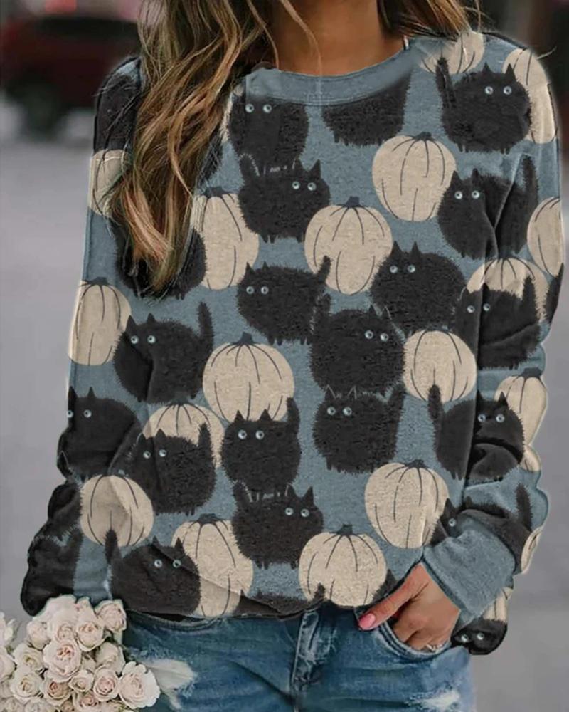 

Halloween Pumpkin Cat Print Colorblock Sweatshirt, Blue