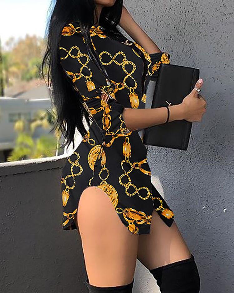 

Chains Print Belted Casual Shirt Dress, Gold