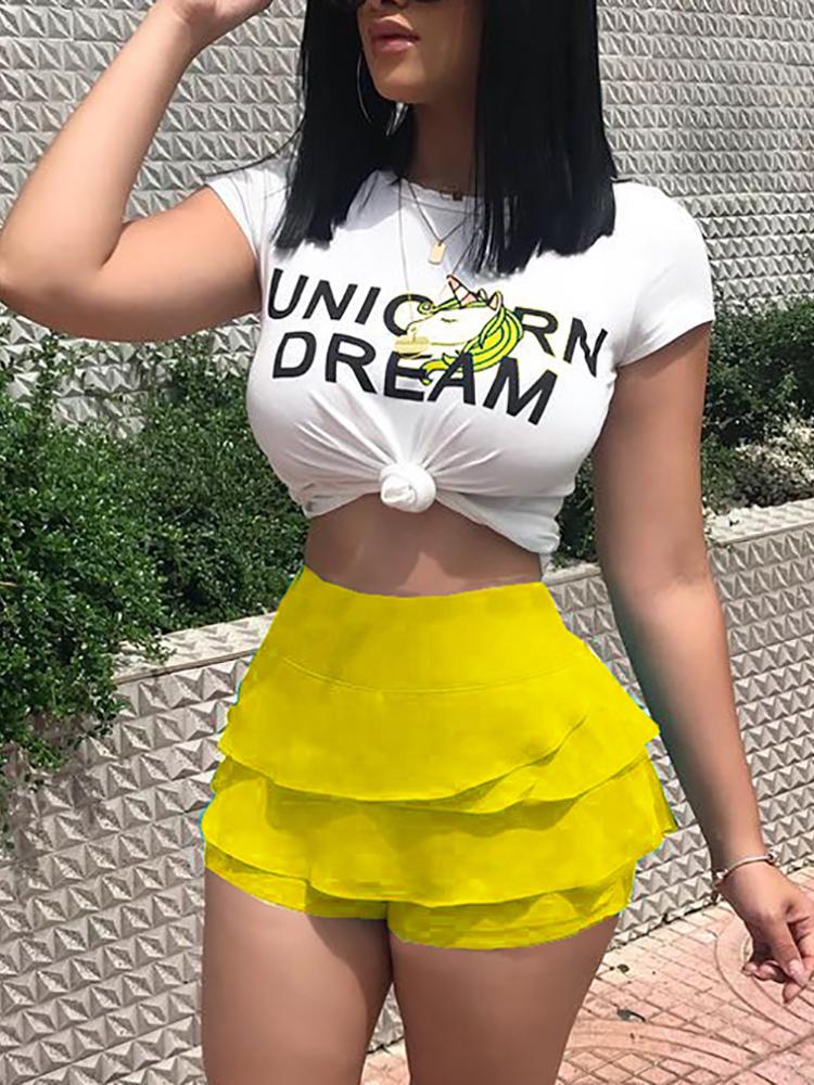 

Short Sleeve Crop Tee With Ruffle Shorts Sets, Yellow