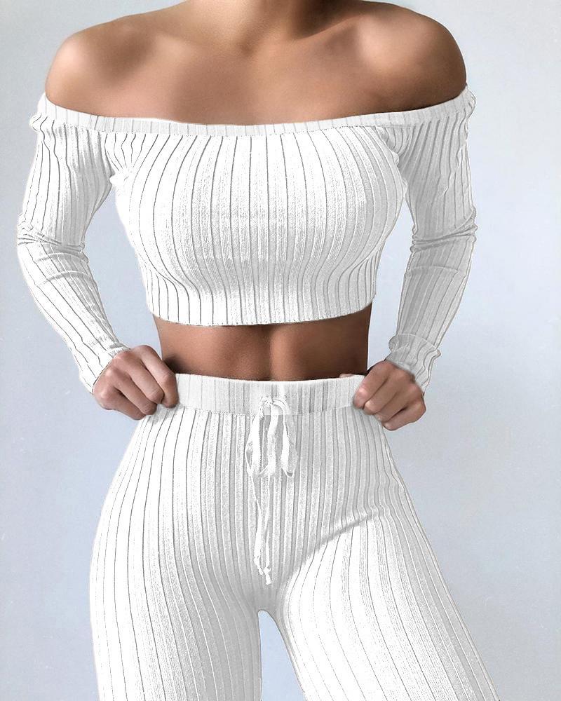 

Solid Ribbed Off Shoulder Top & Pant Set, White