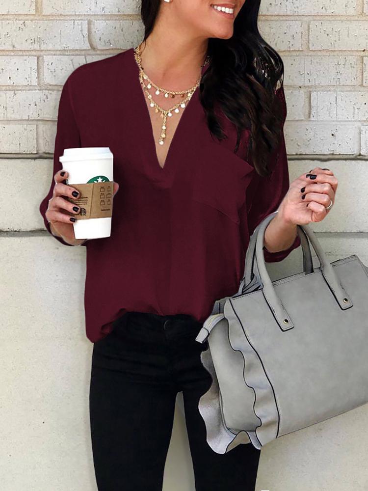 

Solid Deep V-Neck Pocket Design Blouse