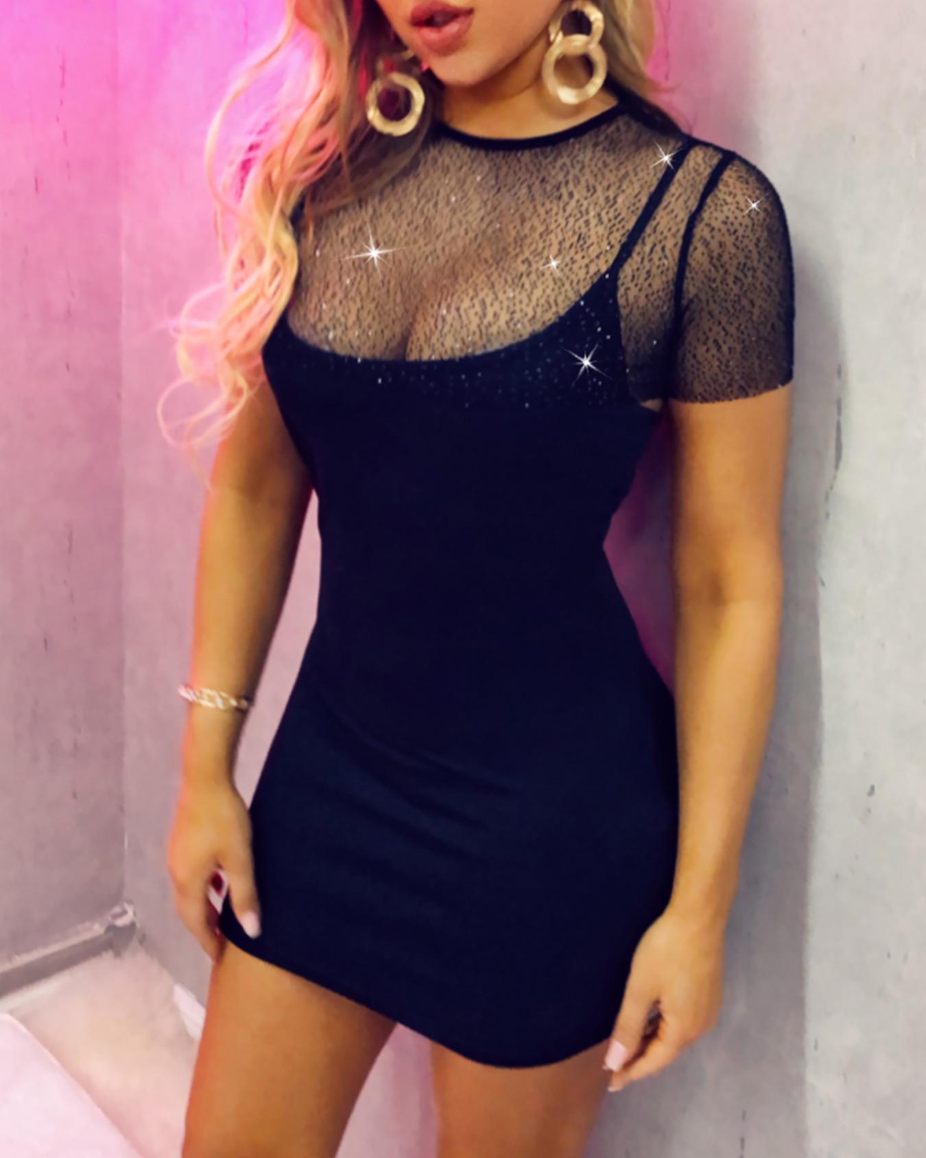

Spaghetti Strap Bodycon Dress With Glitter Top, Black