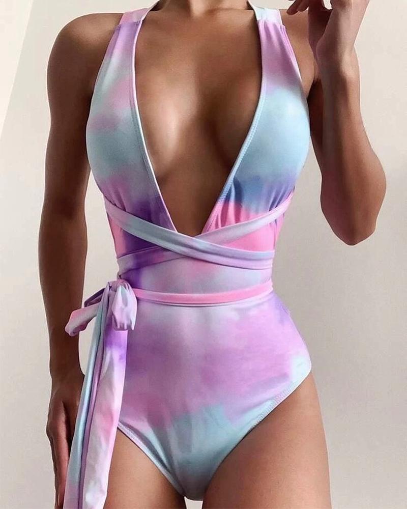 

Tie Dye Plunge Neck Swimsuit, Multicolor