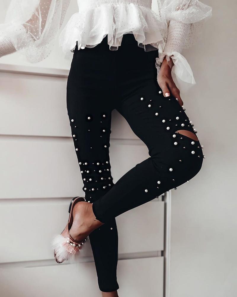 

High Waist Beaded Ripped Casual Pants, Black