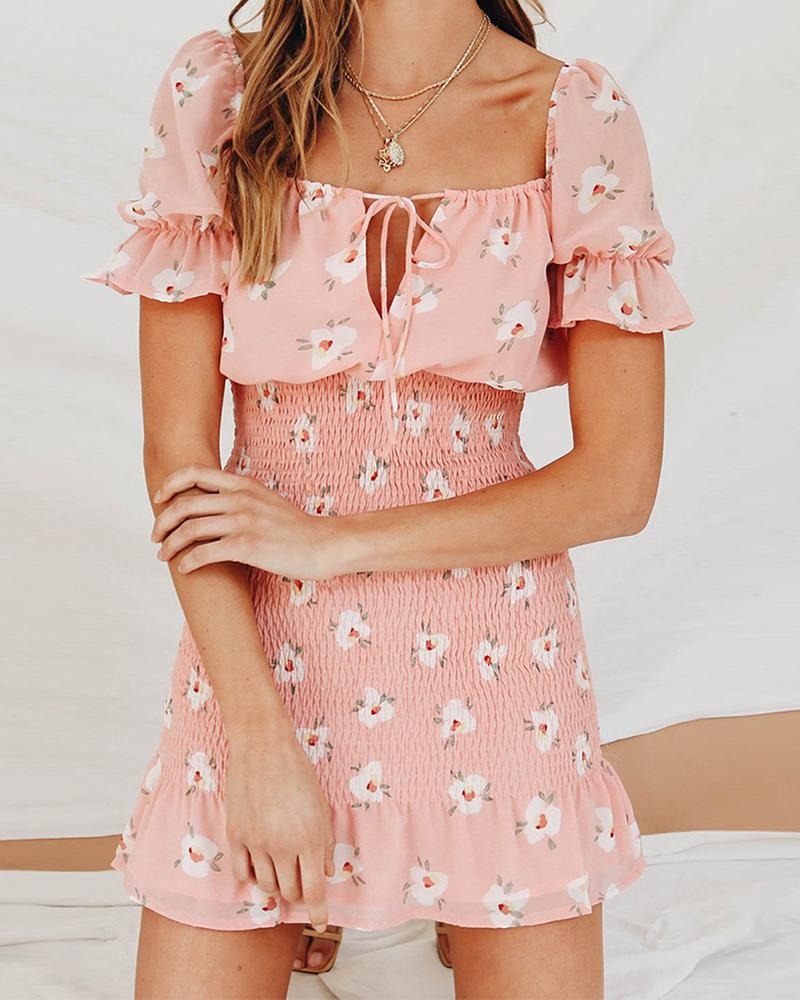 

Floral Smocked Waist Mini Dress, Pink