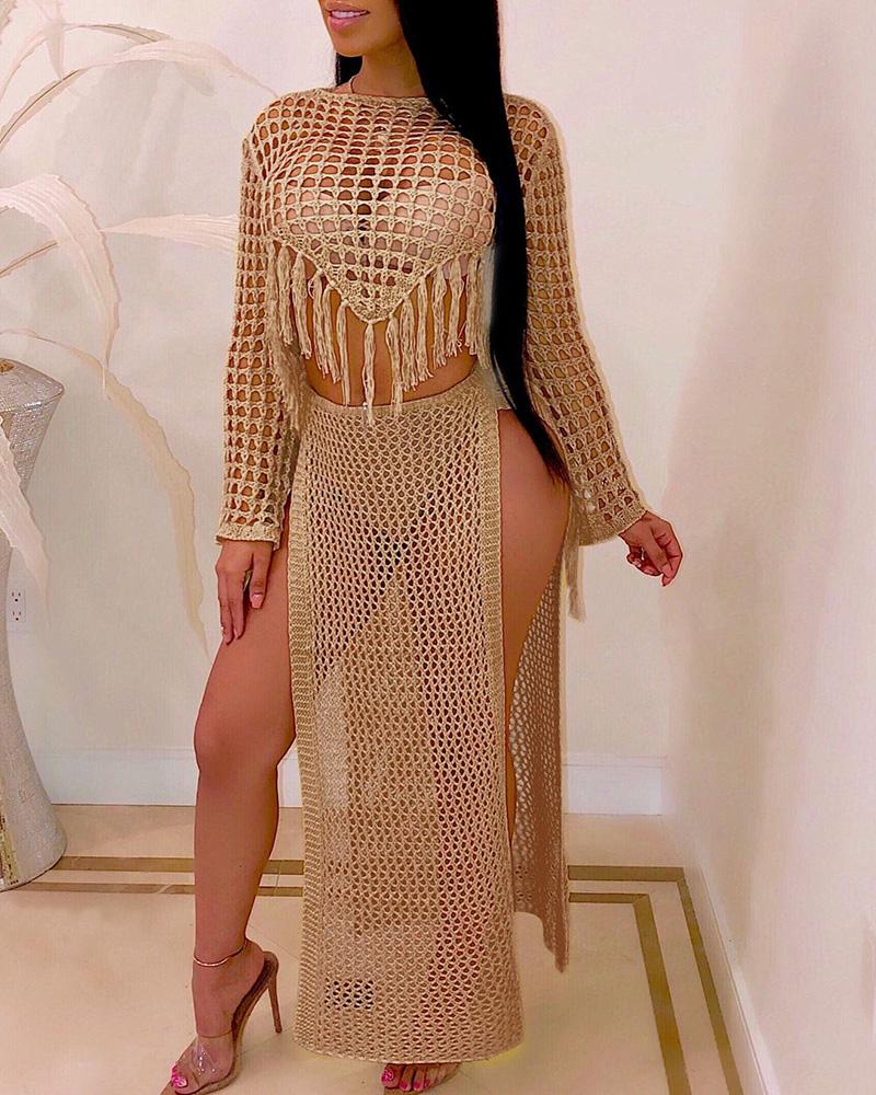 

Hollow Out Tassel Top & Slit Skirt Set, Khaki