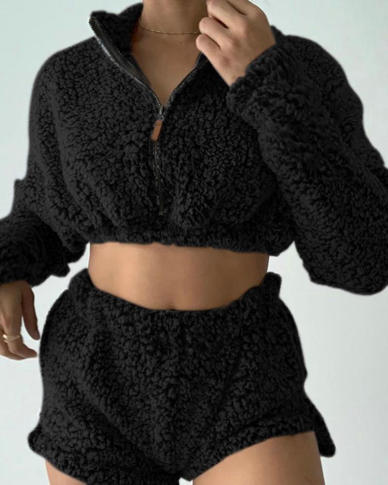 

Zipper Design Teddy Crop Top & Slit Shorts Set, Black
