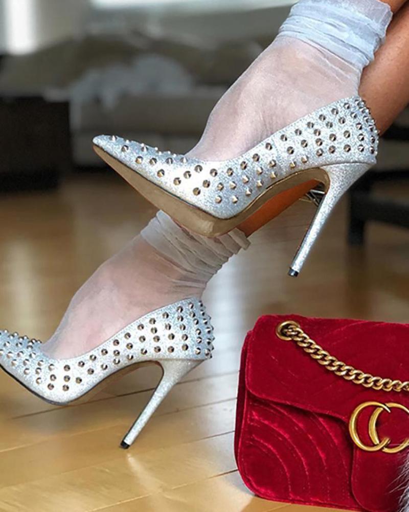 

Sexy Glittering Studded Stiletto Pumps, Silver