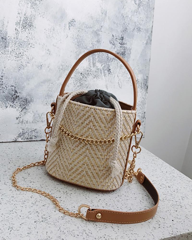 

Colorblock Straw Woven Chain Design Bucket Tote Bag, Beige