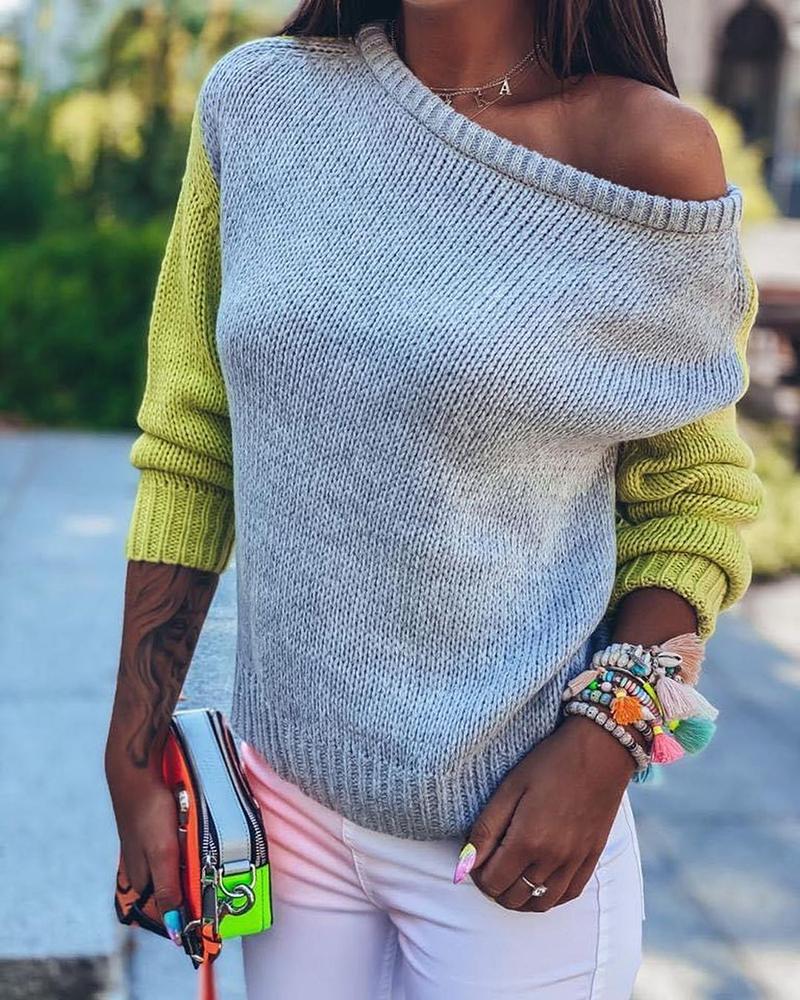 

Colorblock Long Sleeve Knit Casual Sweater, Yellow