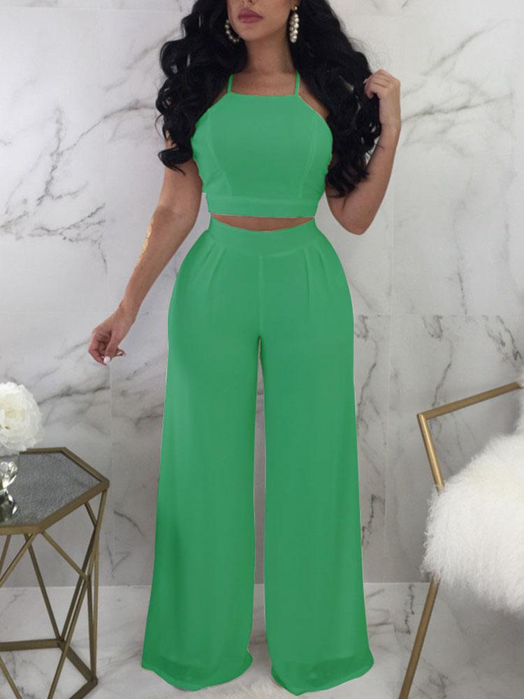 

Solid Halter Backless Wide Leg Pants Set, Green