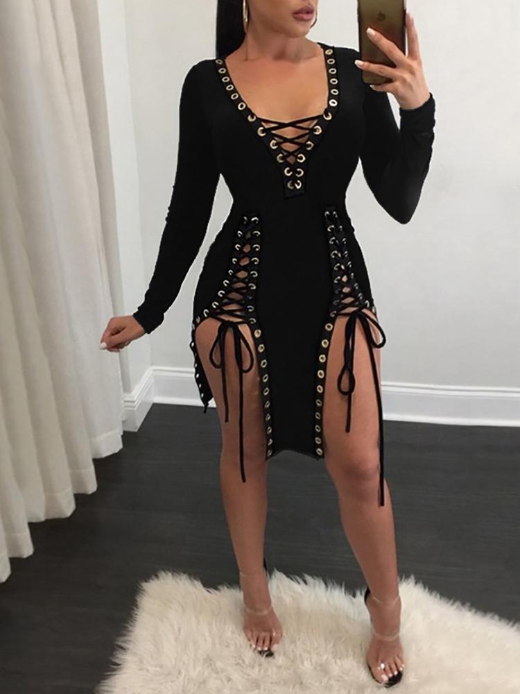 

Sexy Lace Up Irregular Plunged Dress