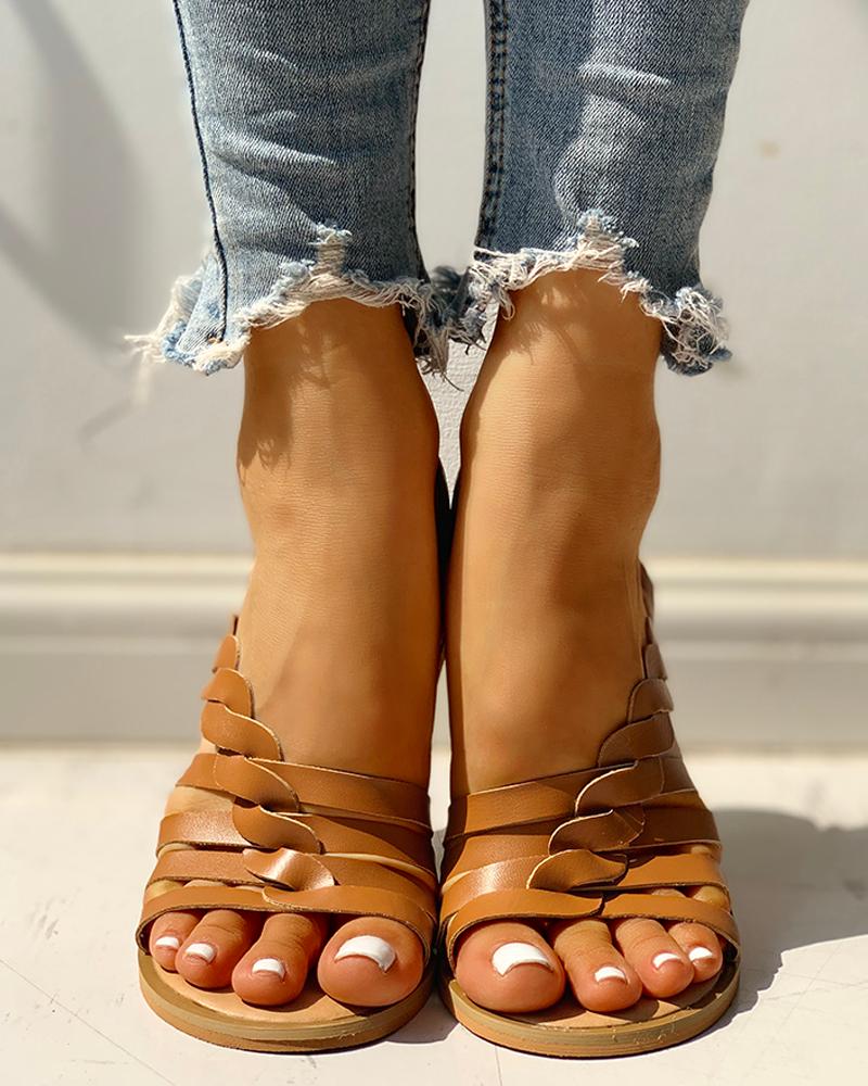 

Solid Hollow Out Open Toe Flat Sandals, Light brown