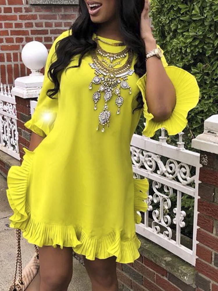 

Solid Ruffles Design Casual Dress, Yellow