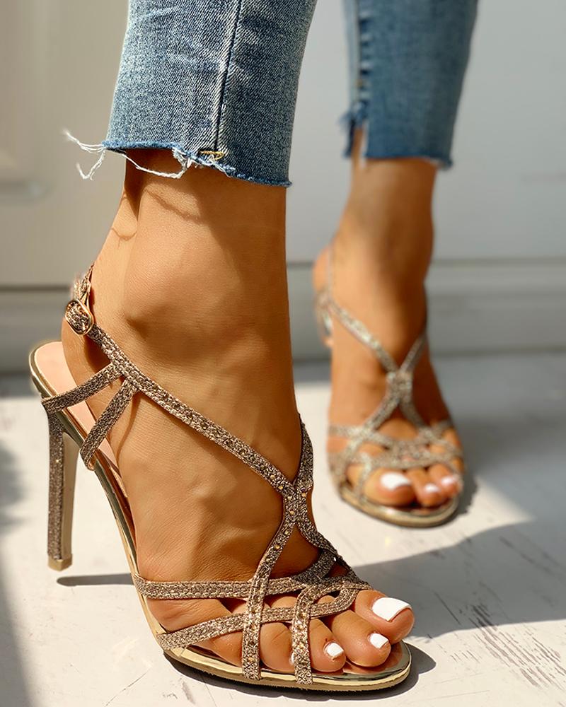 

Crisscross Design Studded Ankle Strap Heeled Sandals, Gold