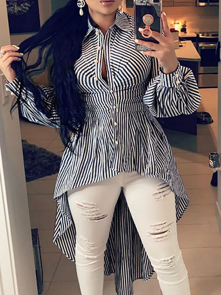 

Stripes Lantern Sleeve Dip Hem Blouse