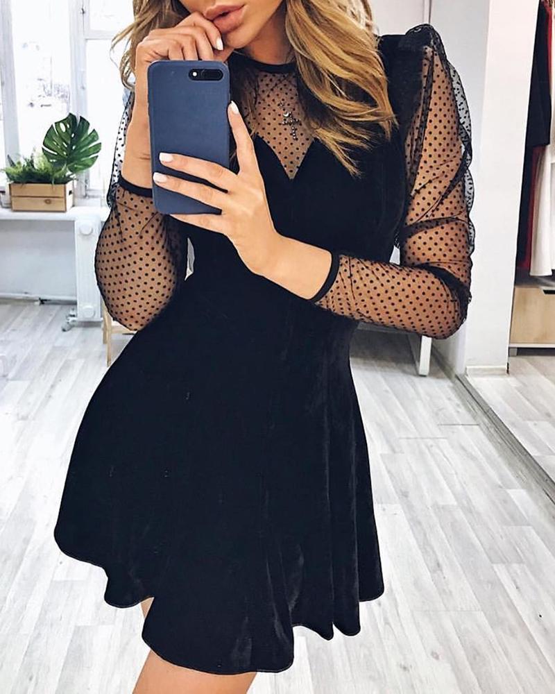 

Sheer Dot Mesh Velvet Skater Dress, Black