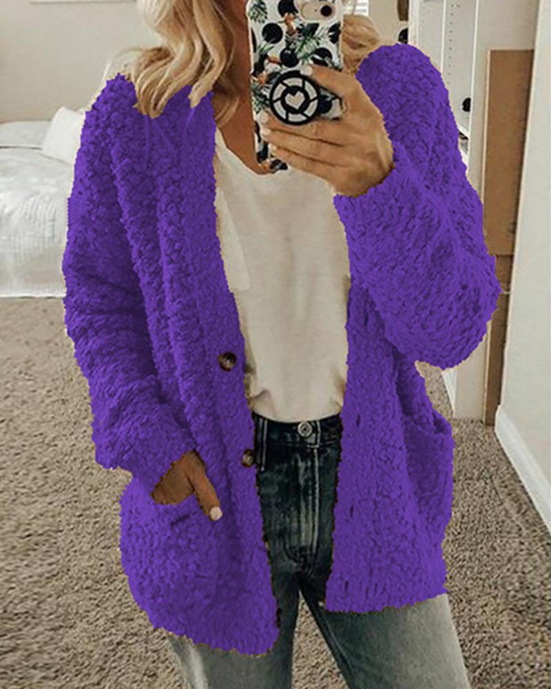 

Fluffy Solid Pocket Long Sleeve Coat, Purple