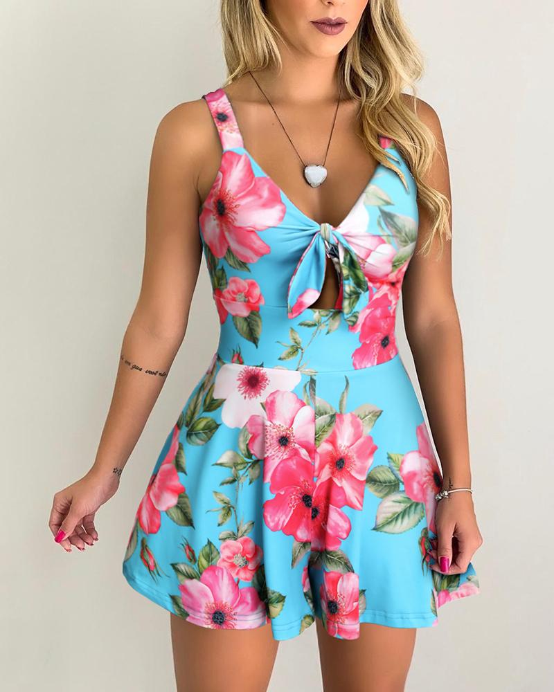 

Floral Print Thin Strap Tied Detail Romper, Multicolor