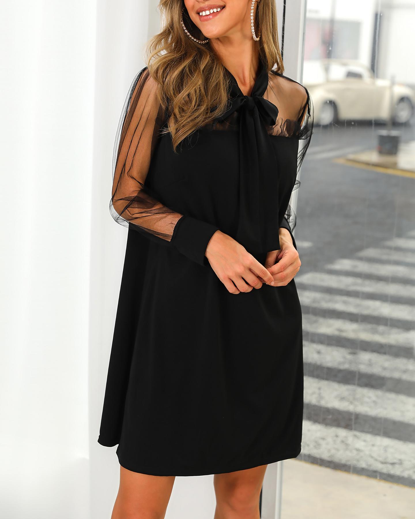 

Sheer Mesh Sleeve Insert Tied Neck Dress, Black