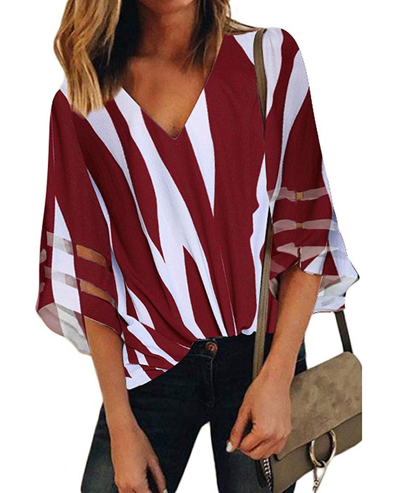 

Striped V-Neck Bell Sleeve Casual Blouse, Wine red