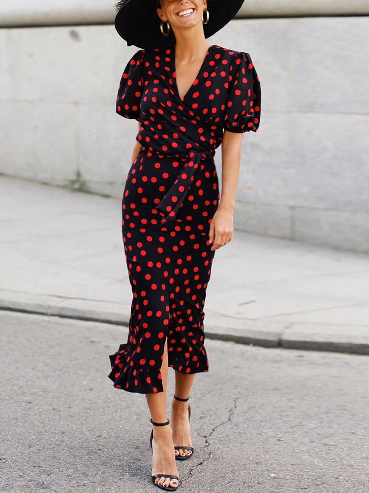 

Polka Dots Puff Sleeve Self-Belted Slit Wrap Dress