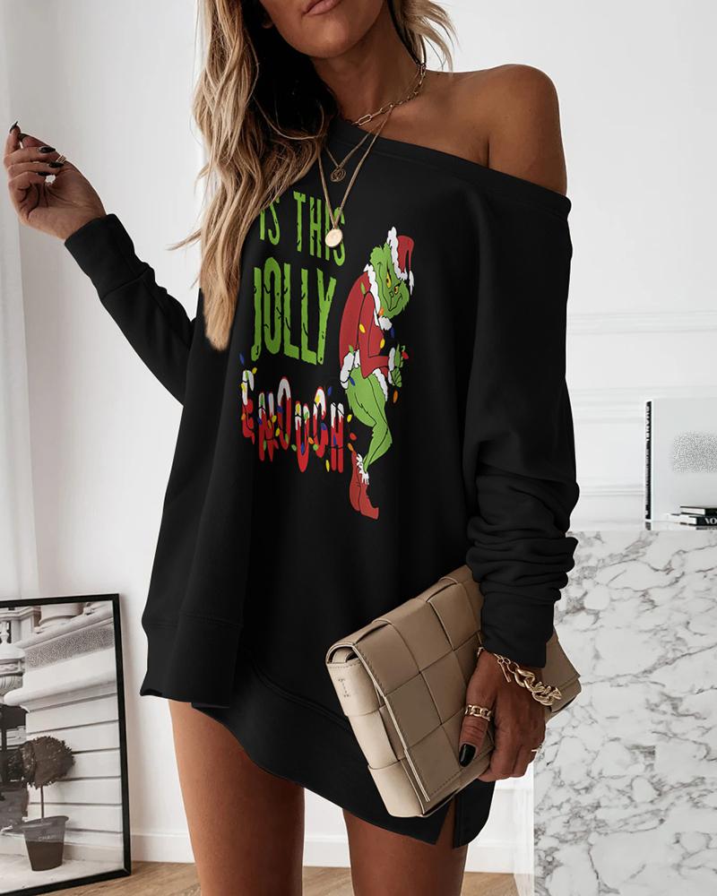 

Christmas Cartoon Letter Print Sweatshirt Dress, Black