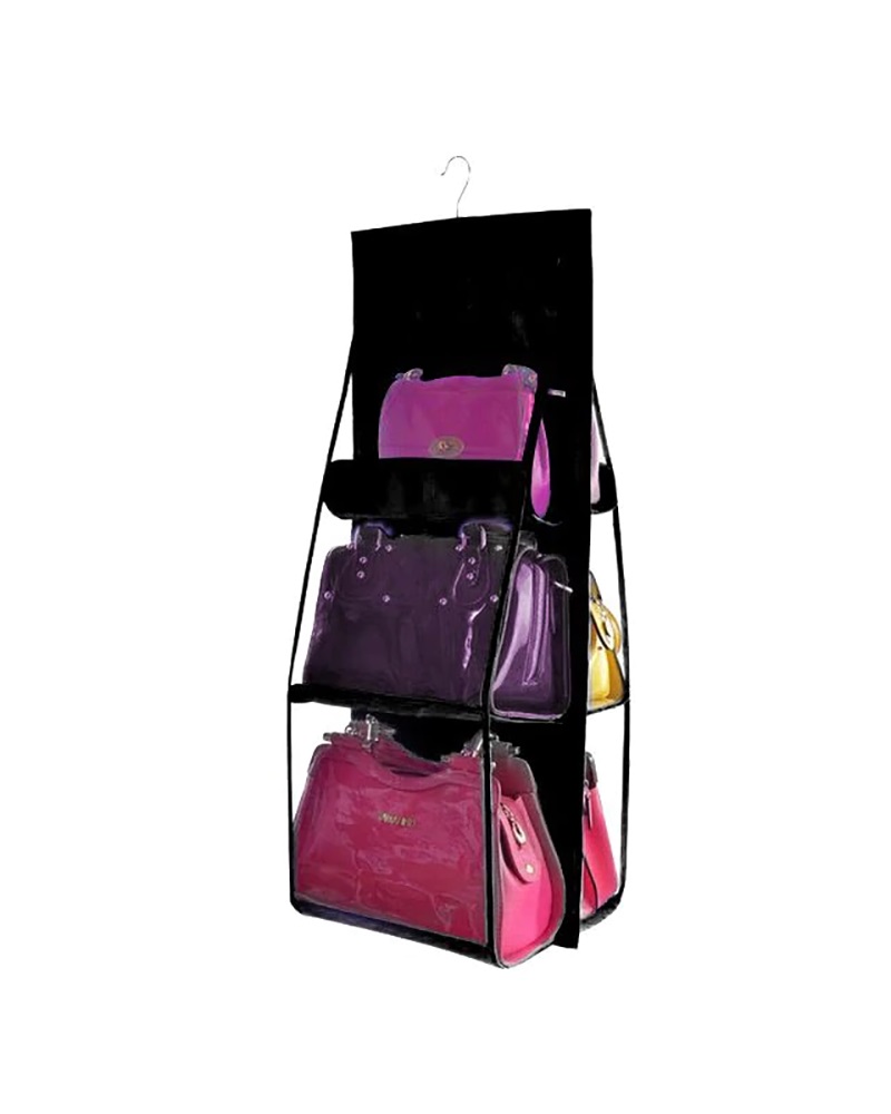 

6 Pocket Hanging Bag Organizer Wardrobe Transparent Storage Bag, Black