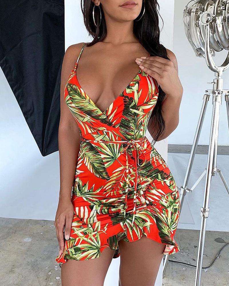 

Spaghetti Strap Leaf Print Ruffles Dress