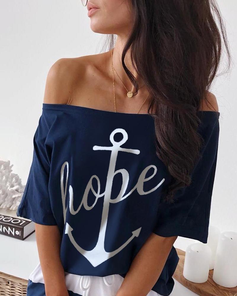 

Off Shoulder Boat Anchor Print T-Shirt, Dark blue