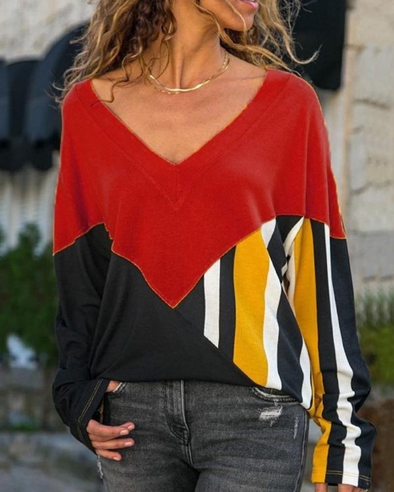 

Striped Colorblock Long Sleeve T-Shirt, Red