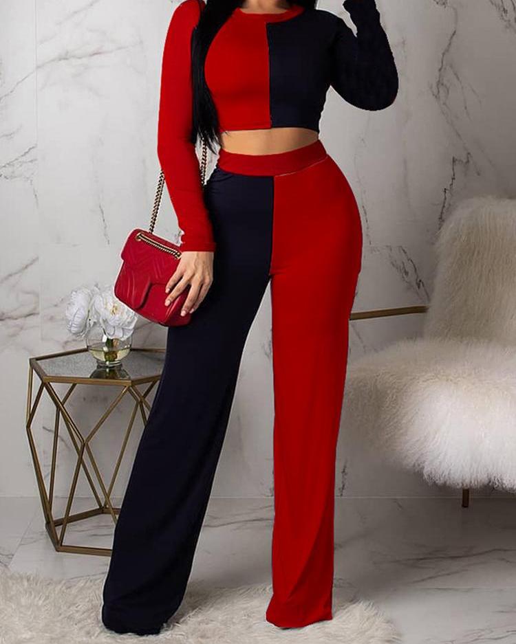 

Two Tone Insert Top & Wide Leg Pant Sets, Wine red