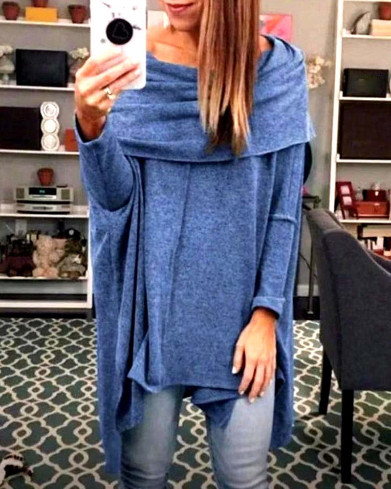 

Solid Off Shoulder Long Sleeve Irregular Hem Blouse, Blue