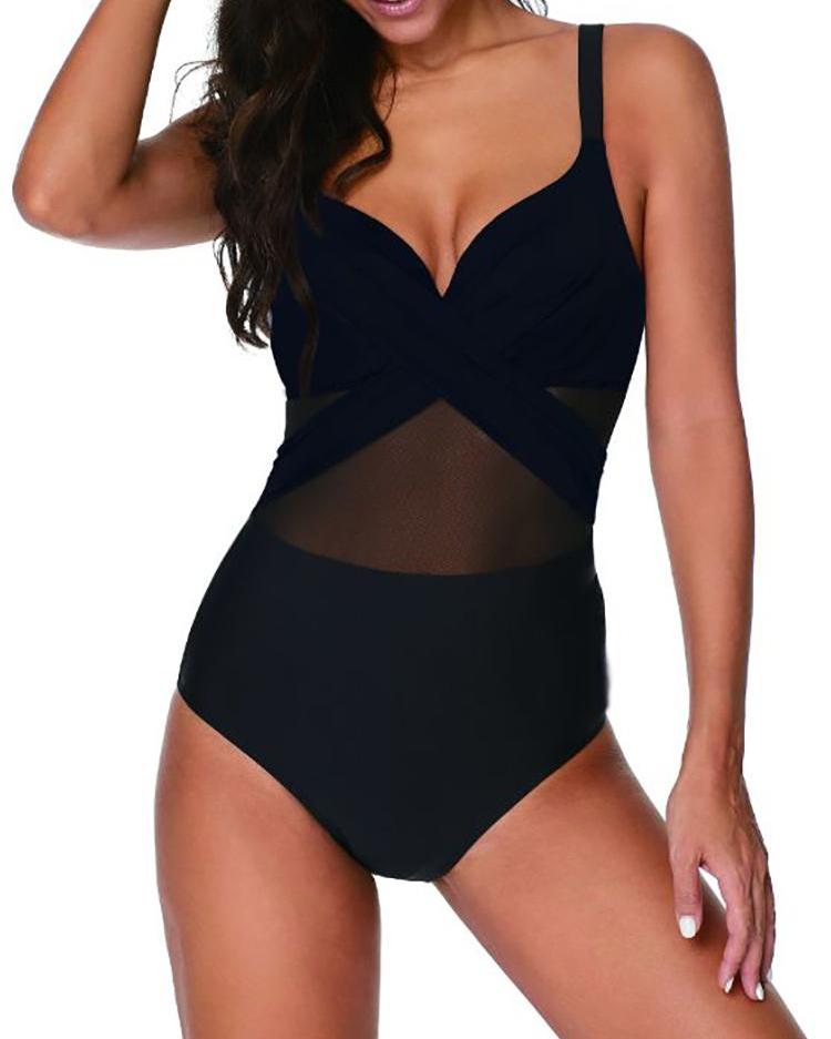 

Mesh Insert Crisscross One Piece Swimsuit, Black
