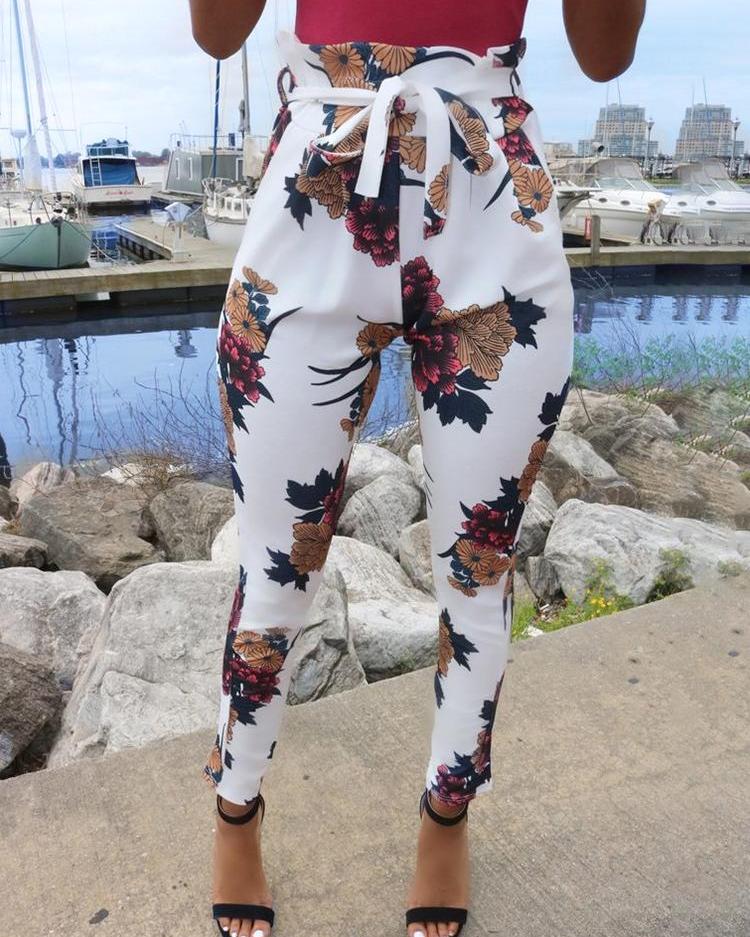 

Floral Print High Waist Belted Slinky Pants, White