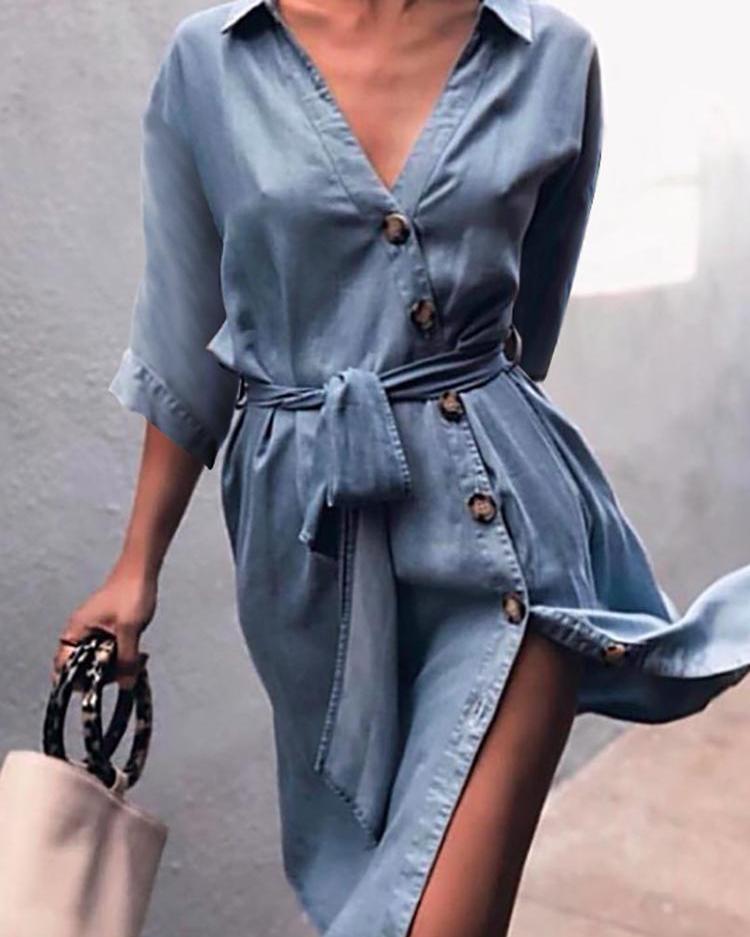 

Button Design Tied Waist Denim Shirt Dress, Light blue