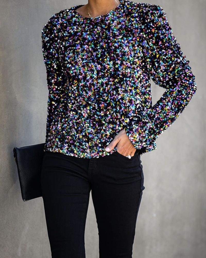 

Colorful Sequins Long Sleeve Top, Multicolor